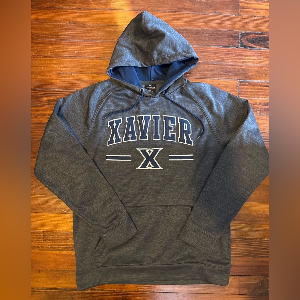 #517 XAVIER MUSKETEERS Gray Hoodie  WITH HEAVY PATCH EMBROIDERED FRONT!